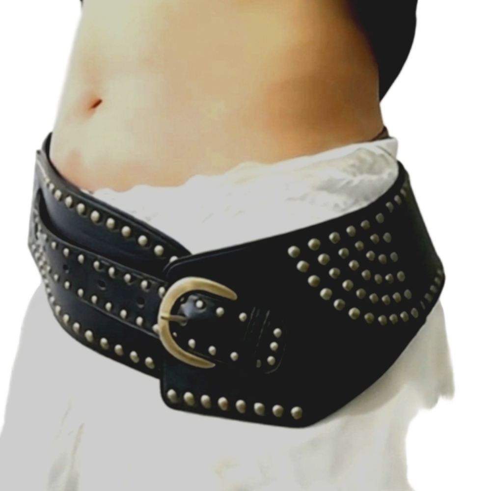 Belt M L Wide Studded Rocker Belts Retro Punk Fashion Brown Black Belt - Picture 8 of 14